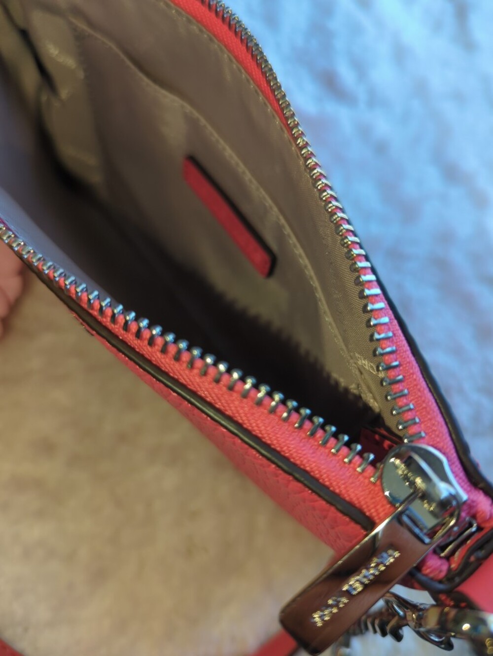 Michael Kors Hot Pink Coral Pebbled Leather Mini Bag With Extension Chain Silver - Picture 6 of 6